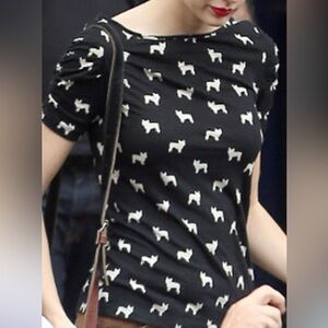 Anthropologie Black Top with White Dog Pattern